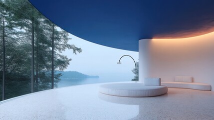 Poster - A modern, minimalist interior with a scenic view of nature and serene ambiance.