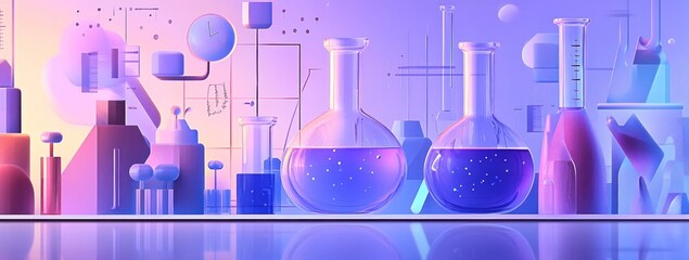Aufkleber - Colorful laboratory scene with flasks and abstract shapes, evoking a scientific atmosphere.