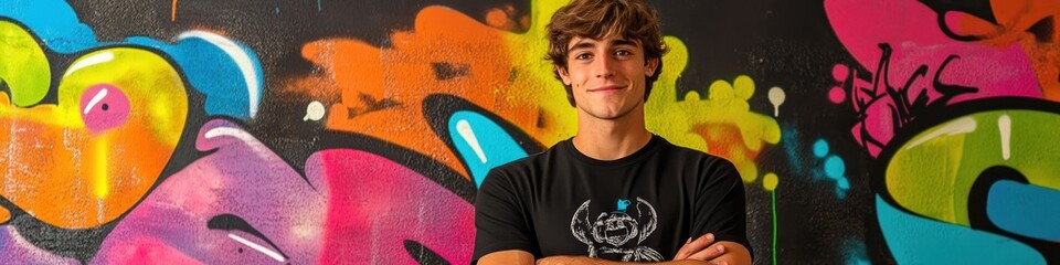 Poster - A young man stands confidently in front of a vibrant graffiti wall.