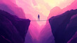 © Thiago - A person standing on a tightrope over a deep chasm demonstrating the difficulty of balancing life with a mental psychology art concept. ai generation. Chasm. Illustration