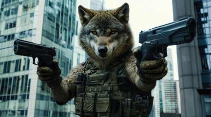 Poster - A wolf character in tactical gear wielding guns in an urban setting.