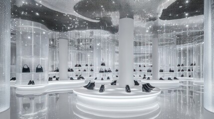 Poster - A modern retail space showcasing shoes and handbags in a sleek, illuminated environment.