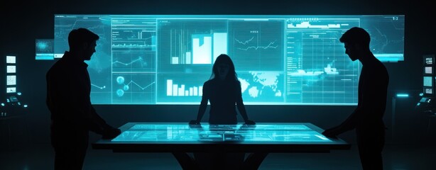 Aufkleber - A group analyzing data on a futuristic touchscreen interface in a dark environment.