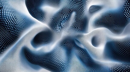 Fototapete - Abstract blue and white fabric texture with dotted patterns creating a wave-like appearance.
