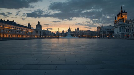 Poster - A tranquil evening view of a historic plaza with buildings and a fountain at sunset.
