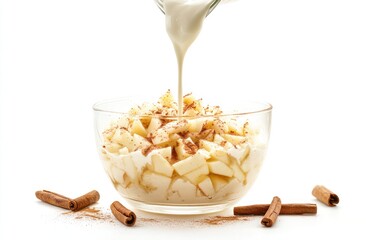 Poster - A bowl of diced apples topped with yogurt and cinnamon, showcasing a healthy dessert option.