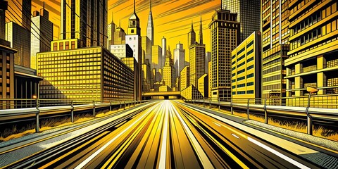 Wall Mural - Vibrant Yellow & Black Cityscape Highway Comic Illustration - High-Resolution Urban Adventure Art