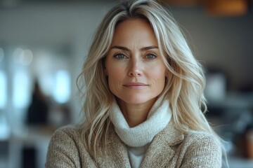 Poster - Realistic portrait of a 50-year-old businesswoman in a modern office setting, highlighting experience and expertise.