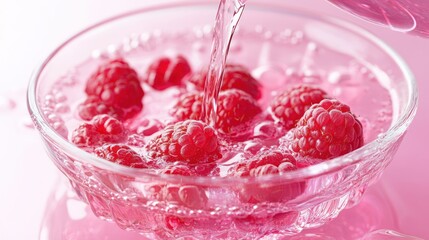 Poster - A bowl of fresh raspberries being poured with water, creating a refreshing scene.