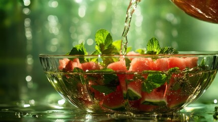 Poster - A refreshing bowl of watermelon and mint being infused with sparkling water.