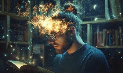 Poster - Man reads book; fiery knowledge illuminates mind.