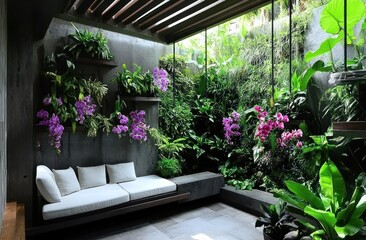 Poster - A serene indoor space featuring lush greenery and vibrant orchids for relaxation.
