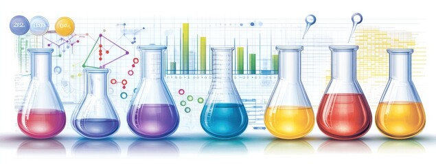 Aufkleber - A colorful array of laboratory flasks with scientific data and graphs in the background.