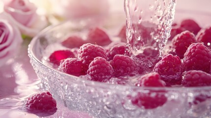 Poster - Fresh raspberries being rinsed in a bowl, surrounded by soft pink hues and flowers.