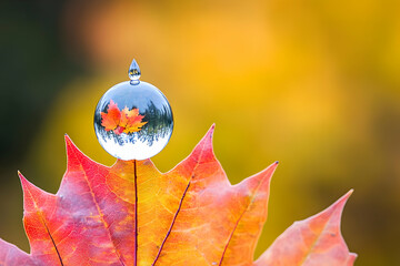 A close-up of a colorful autumn leaf with a water droplet reflecting fall scenery.