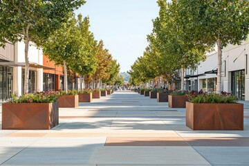 Poster - A spacious outdoor shopping area lined with trees and planters, inviting leisurely strolls.