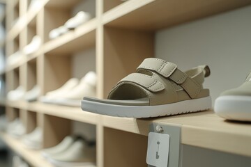 Poster - A close-up of a sandal displayed on a shelf in a shoe store.