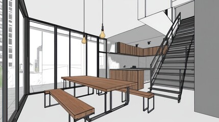 Aufkleber - Modern interior design featuring a dining area and kitchen with minimalist aesthetics.