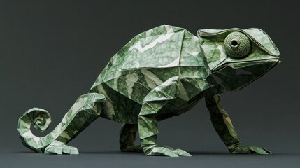 Poster - A detailed origami chameleon crafted from patterned paper, showcasing intricate folds and textures.