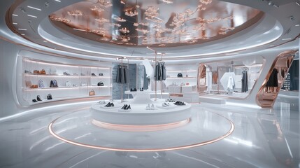 Poster - Modern retail space showcasing stylish clothing and accessories in a sleek design.