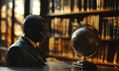 Poster - Dark bust, globe, bookshelves, scholarly setting.