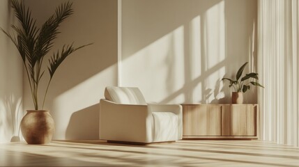 Aufkleber - A serene interior space with a chair, plant, and light casting shadows.