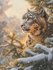 Poster - A snow leopard gazes through snowy pine branches in a serene winter landscape.