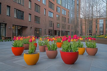 Poster - Colorful tulips in vibrant pots enhance a modern urban courtyard.