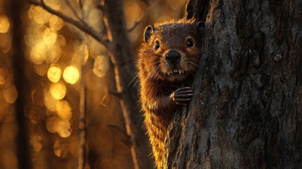 Poster - A curious animal peeks from behind a tree, illuminated by warm, golden sunlight.