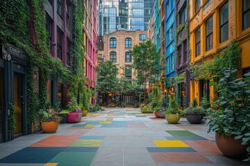 Poster - A vibrant alleyway with colorful buildings and lush greenery, creating a lively urban space.