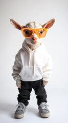 Poster - A goat wearing a hoodie and glasses, posing in a playful, anthropomorphic style.