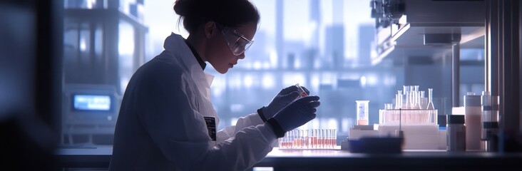 Poster - A scientist meticulously examines test tubes in a laboratory setting.