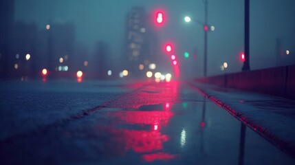 Poster - A moody urban scene with reflections on a wet street illuminated by red traffic lights.