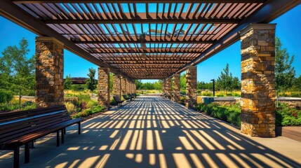 Poster - A serene walkway with stone columns and benches, creating a shaded outdoor space.