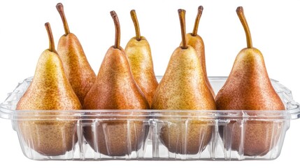 Poster - A clear plastic container holds eight ripe pears arranged neatly.