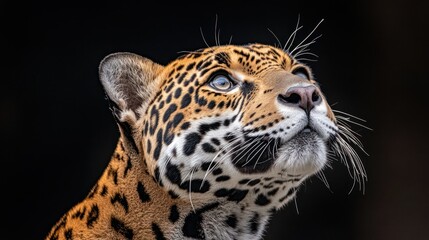 Poster - A close-up of a jaguar looking upwards, showcasing its distinct fur patterns and features.