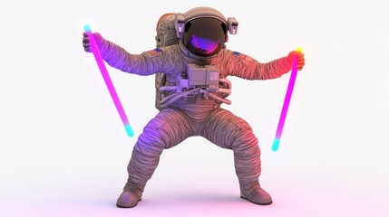 Leinwandbilder - An astronaut in a dynamic pose, holding glowing sticks in a vibrant, futuristic setting.