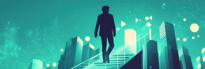 Poster - A silhouette of a man ascending stairs amidst a futuristic cityscape.