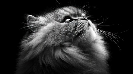 Poster - A majestic black and white portrait of a Persian cat gazing upwards.