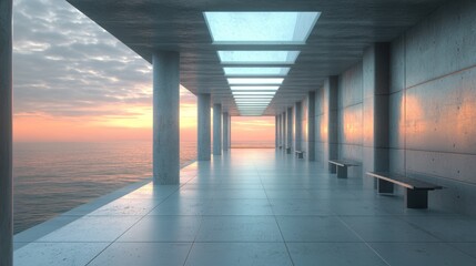 Poster - A serene modern space with concrete pillars and benches overlooking the ocean at sunset.