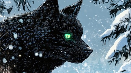Poster - A close-up of a black wolf with glowing green eyes in a snowy landscape.