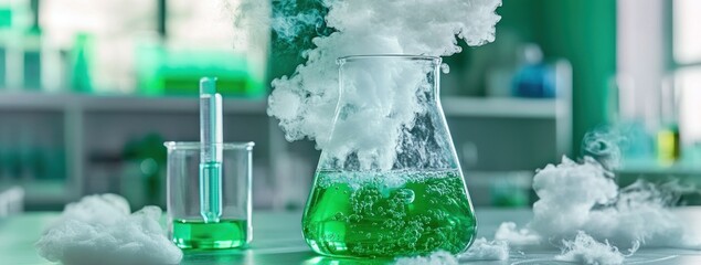 Poster - A laboratory scene with green liquid and vapor, showcasing a chemical reaction.