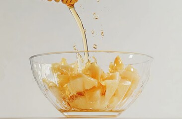 Poster - Honey being poured over diced fruit in a clear bowl, creating a refreshing dish.