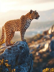 Poster - A leopard stands majestically on a rock, overlooking a scenic landscape at sunset.