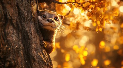 Poster - A cute otter peeks from behind a tree, surrounded by autumn leaves and soft golden light.