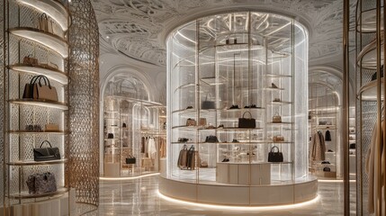 Poster - A luxurious retail space showcasing designer handbags and accessories in elegant displays.