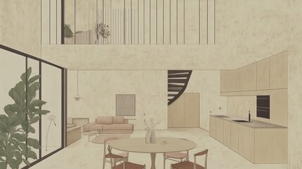 Poster - A minimalist interior design featuring a spacious living area and modern staircase.