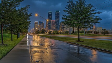 Poster - A rainy urban scene with skyscrapers reflecting on wet pavement under a moody sky.