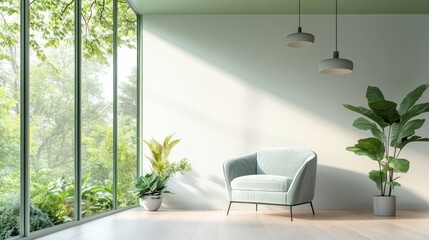 Poster - A serene interior space with a cozy chair and lush greenery.