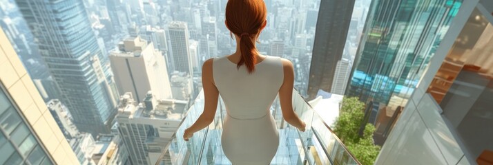 Poster - A woman in a sleek dress stands on a glass balcony overlooking a city skyline.